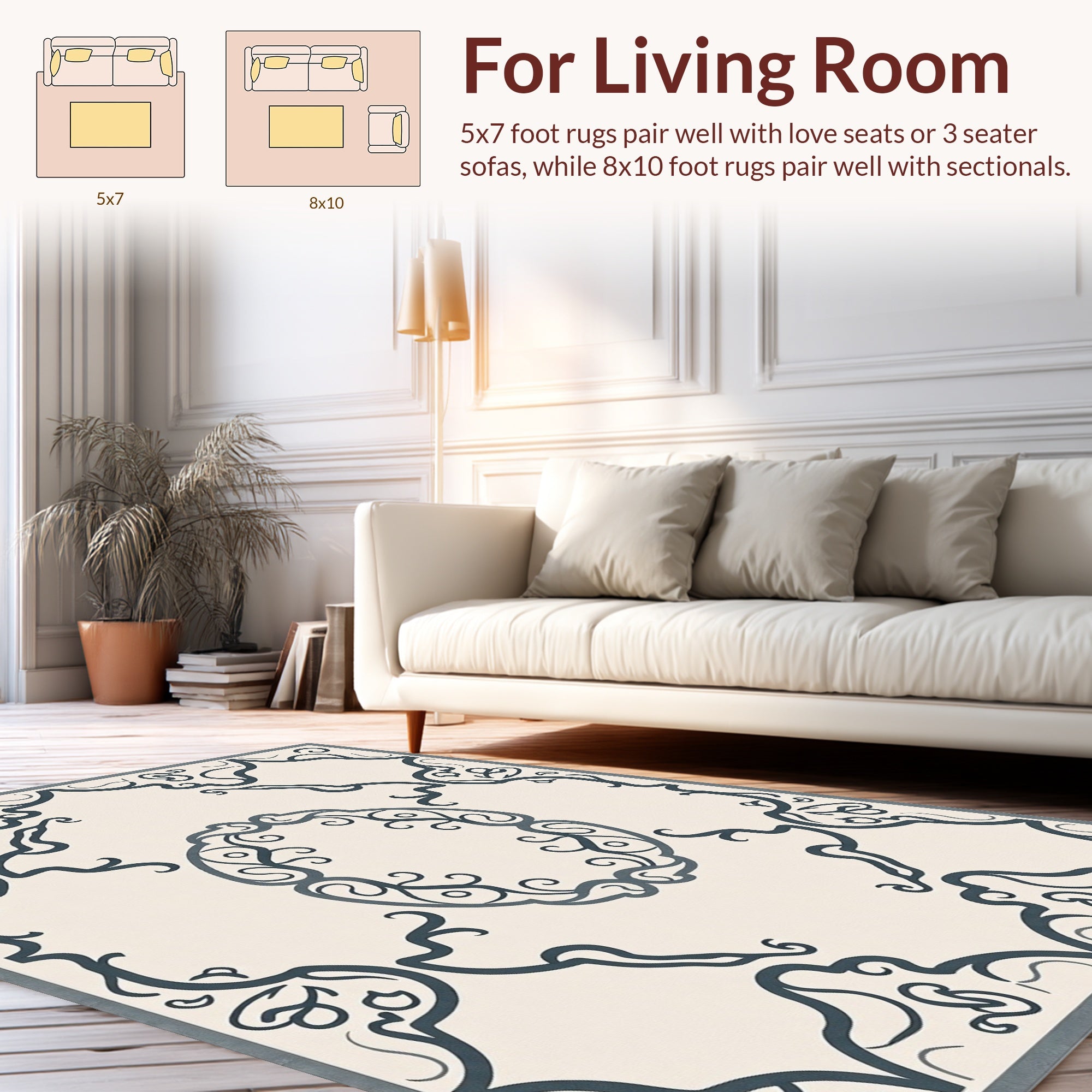 Ornate Scrollwork Cream Charcoal Rug