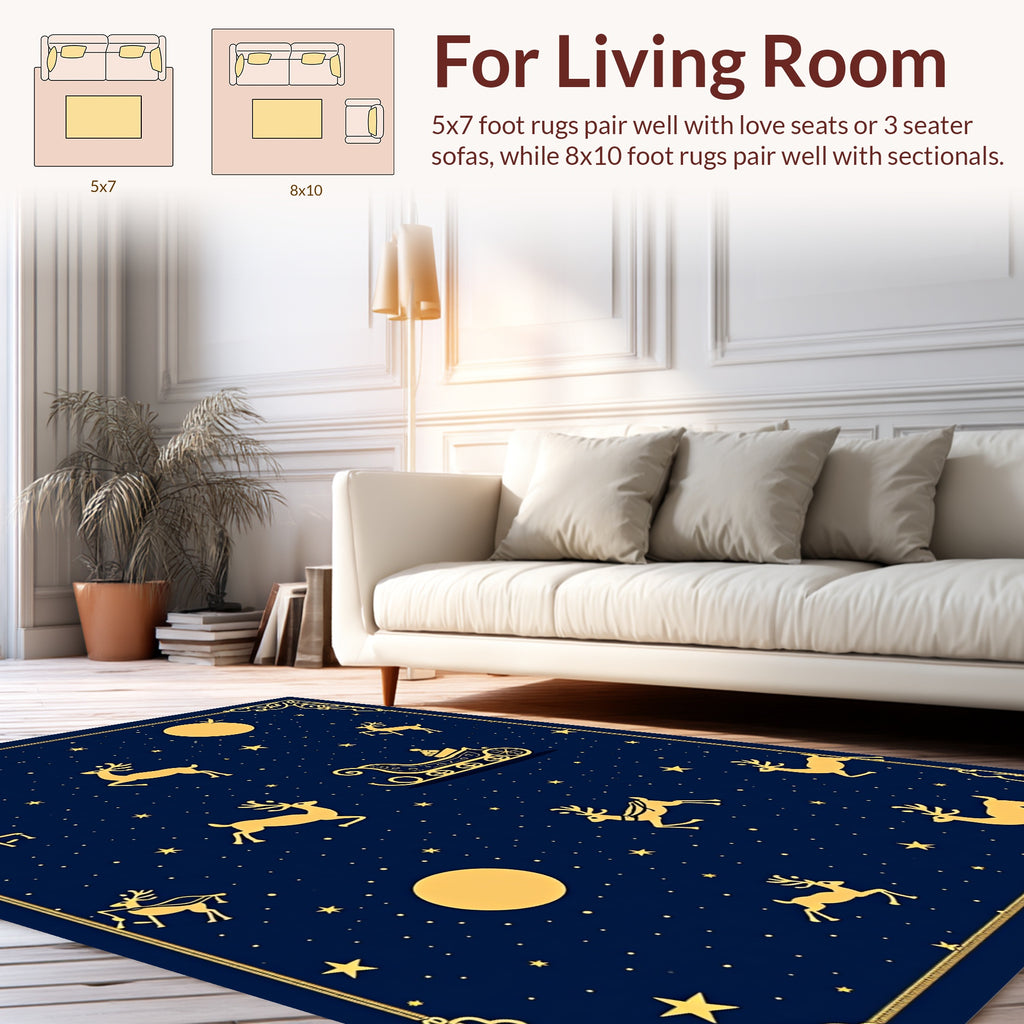 Golden Reindeer Sleigh Night Sky Pattern Rug