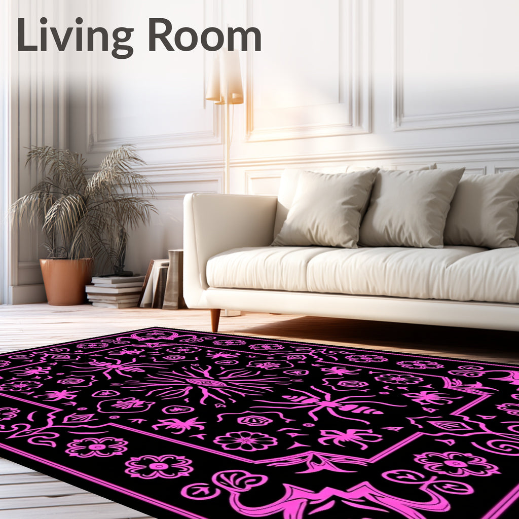 Hot Pink Insect Floral Frame Rug