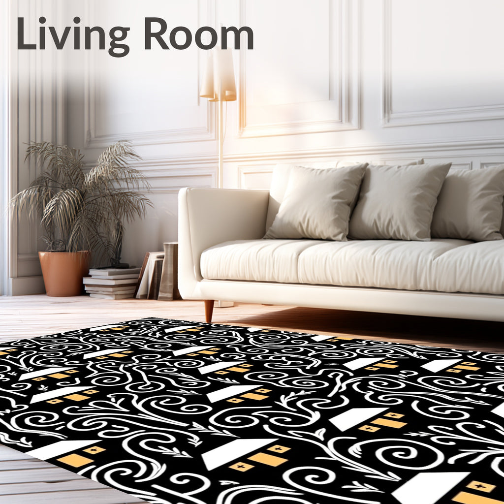 White Houses Black Swirls Organic Art Rug