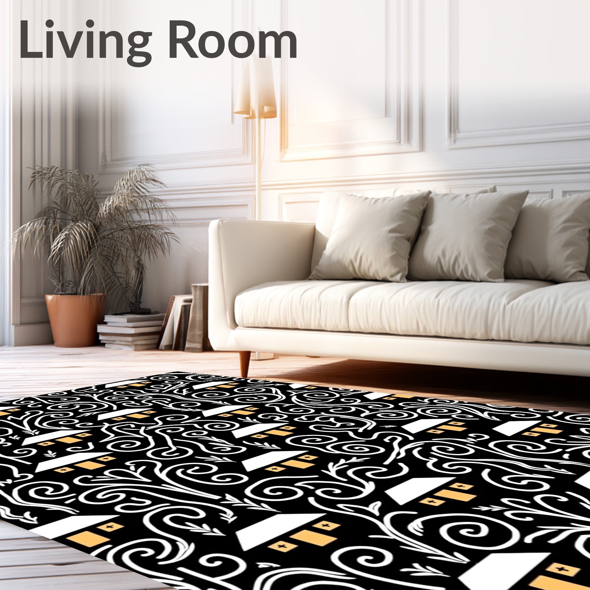 White Houses Black Swirls Organic Art Rug