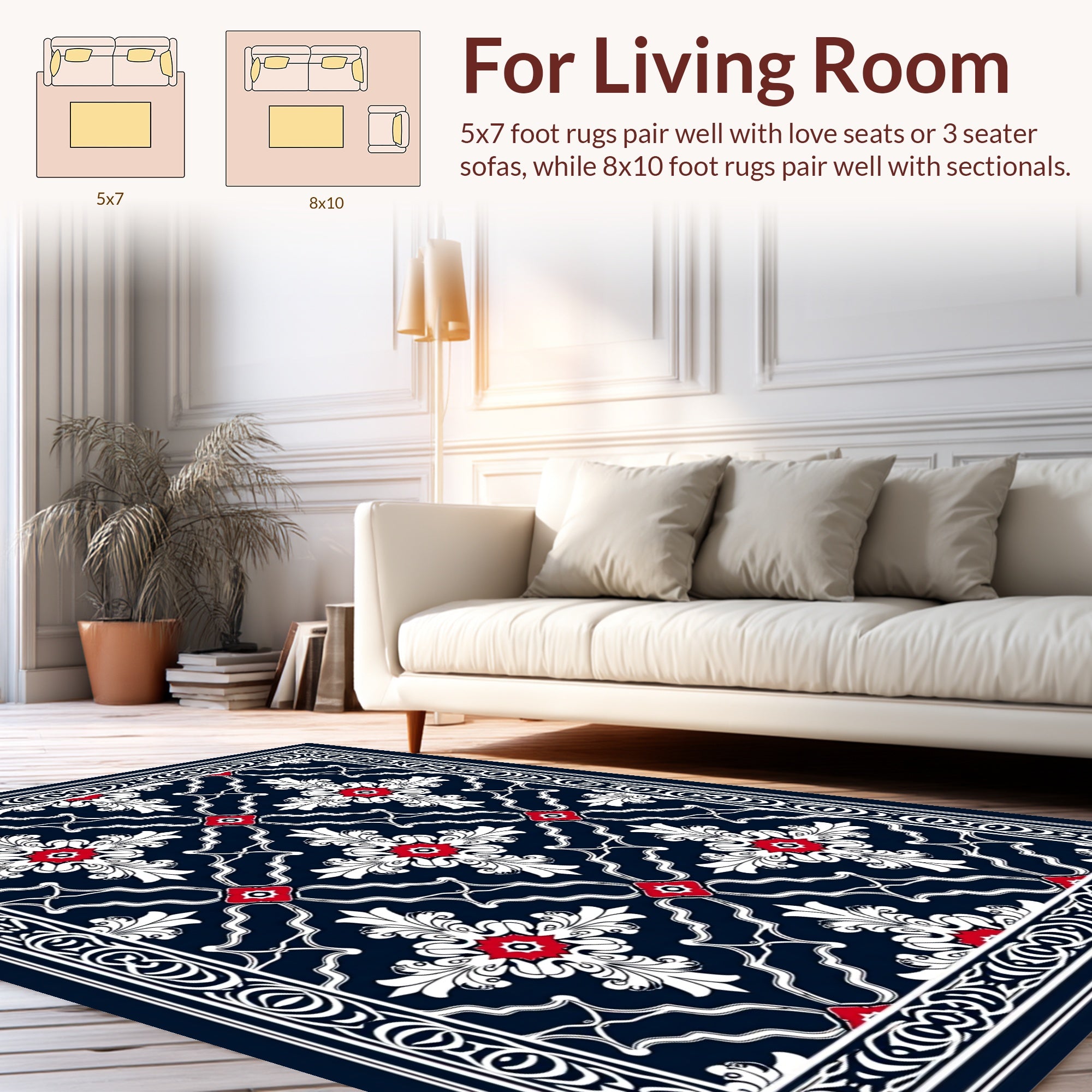 Navy White Red Floral Medallion Pattern Rug