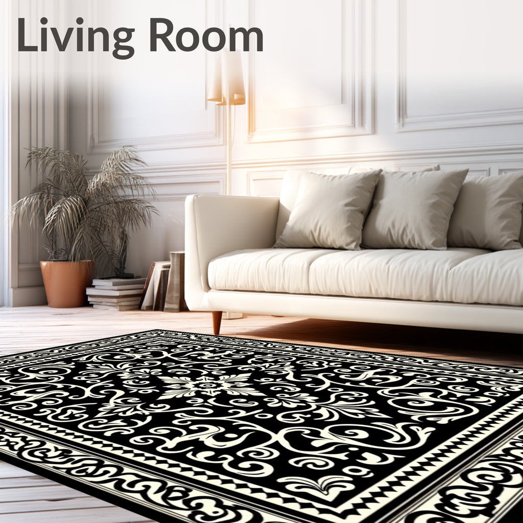 Black Cream Damask Ornamental Rug