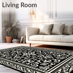 Black Cream Damask Ornamental Rug