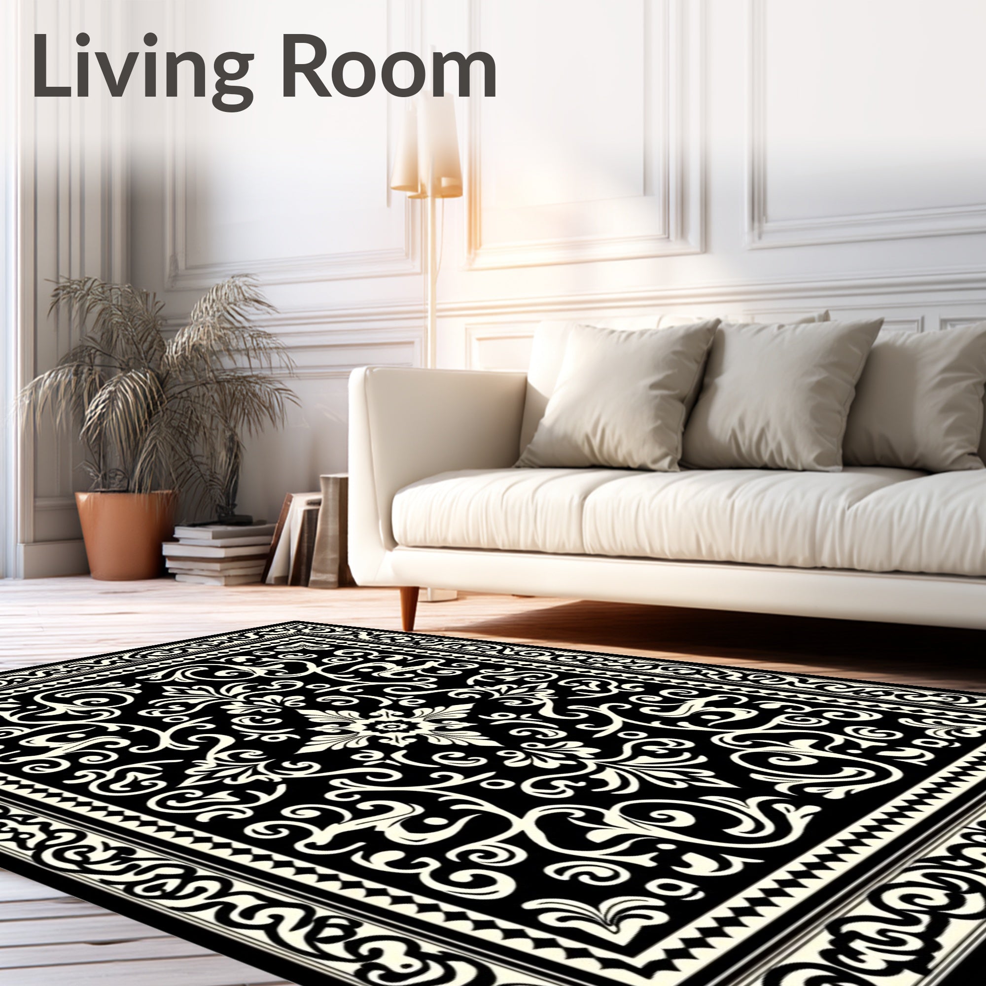 Black Cream Damask Ornamental Rug