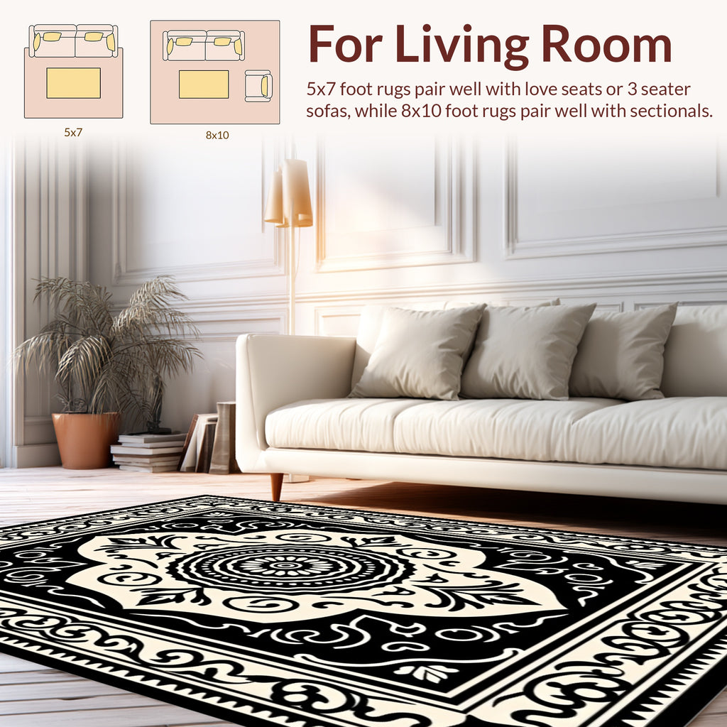 Intricate Floral Mandala Black Cream Rug