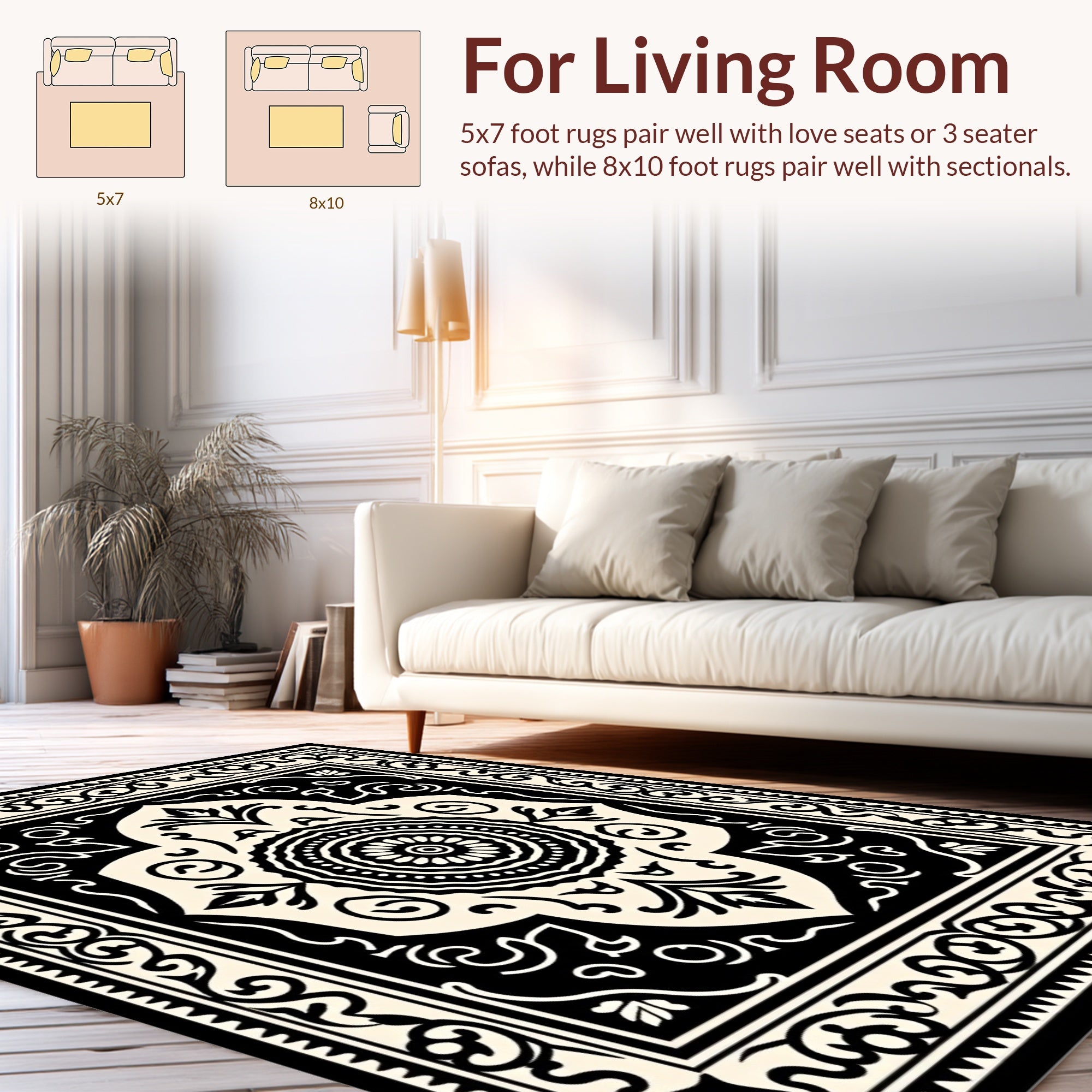 Intricate Floral Mandala Black Cream Rug