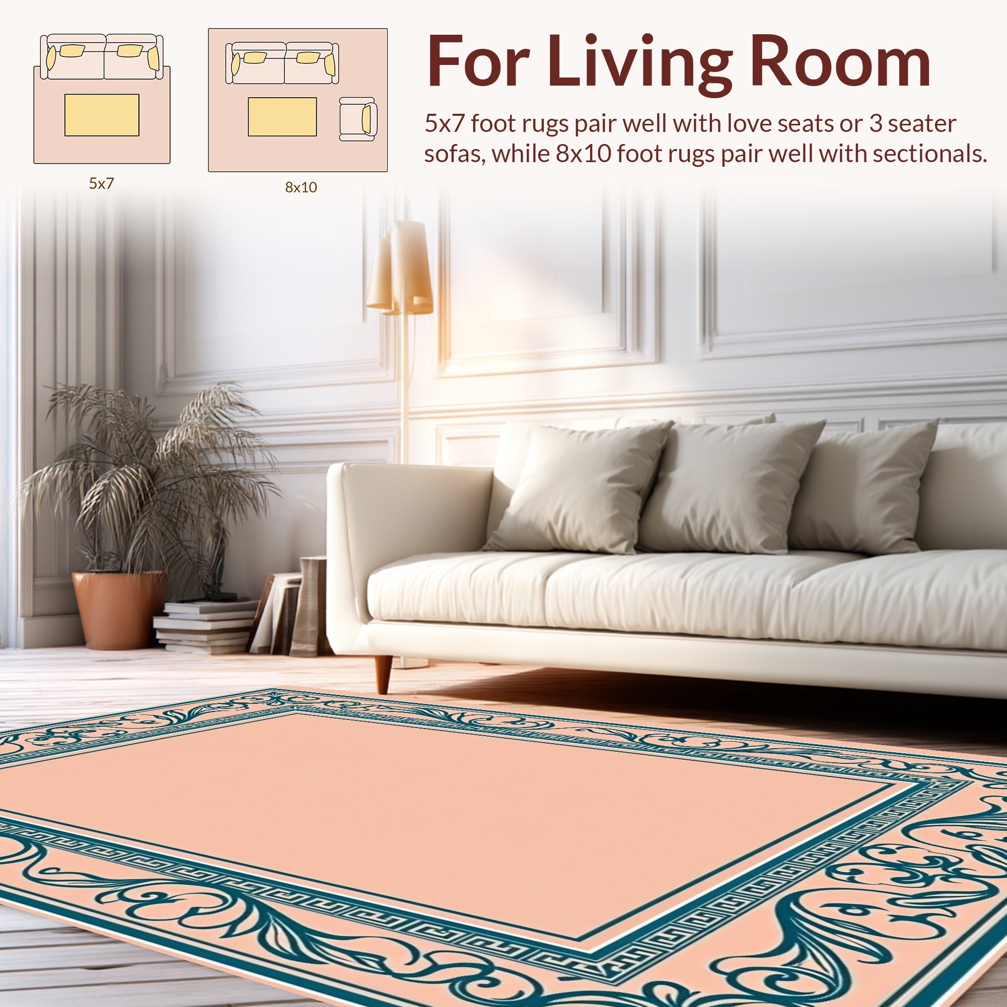 Elegant Teal Scrolling Floral Border Rug
