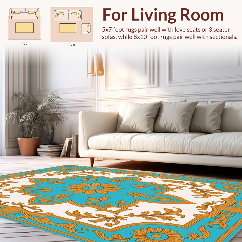Gold Floral Medallion Turquoise Cream Rug