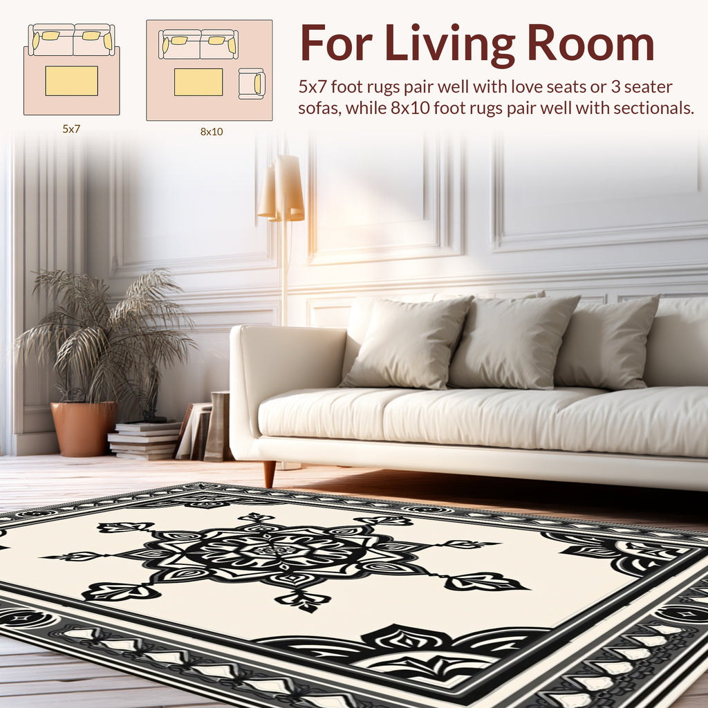 Black and White Floral Mandala Rug