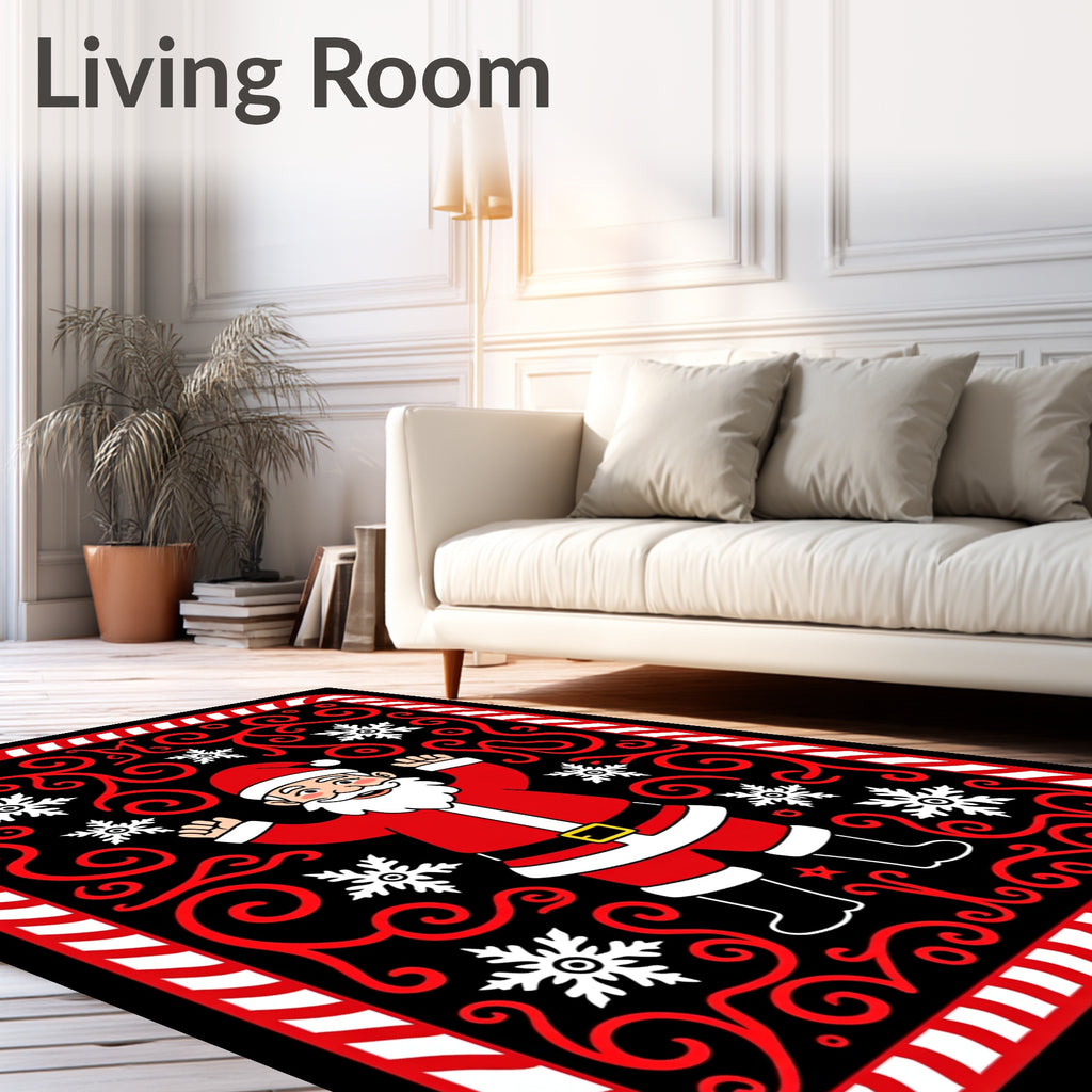 Festive Santa Claus Black Snowflake Swirls Rug