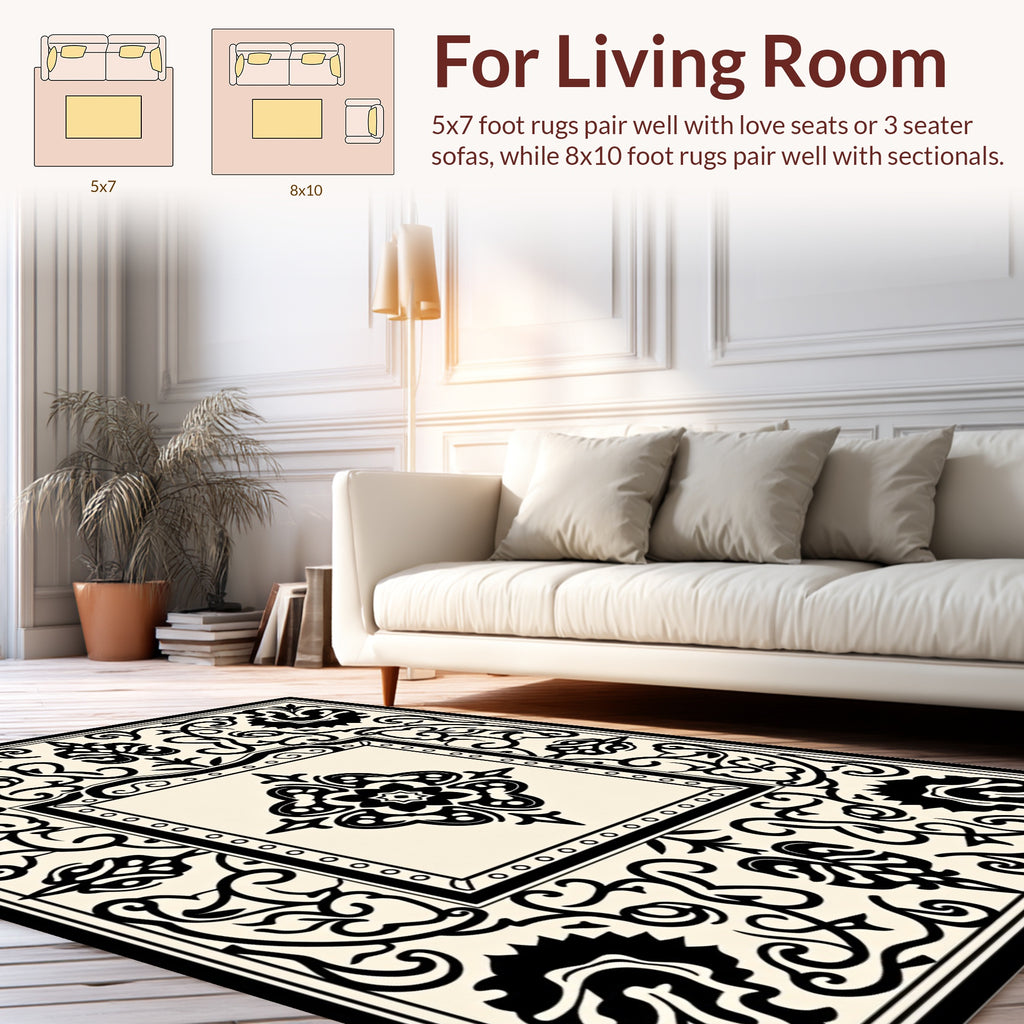 Ornate Black White Floral Filigree Rug