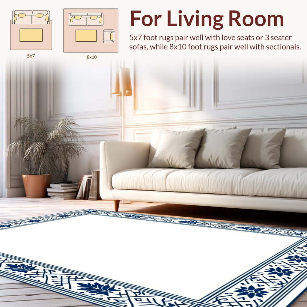 Elegant Blue Floral Border Rug