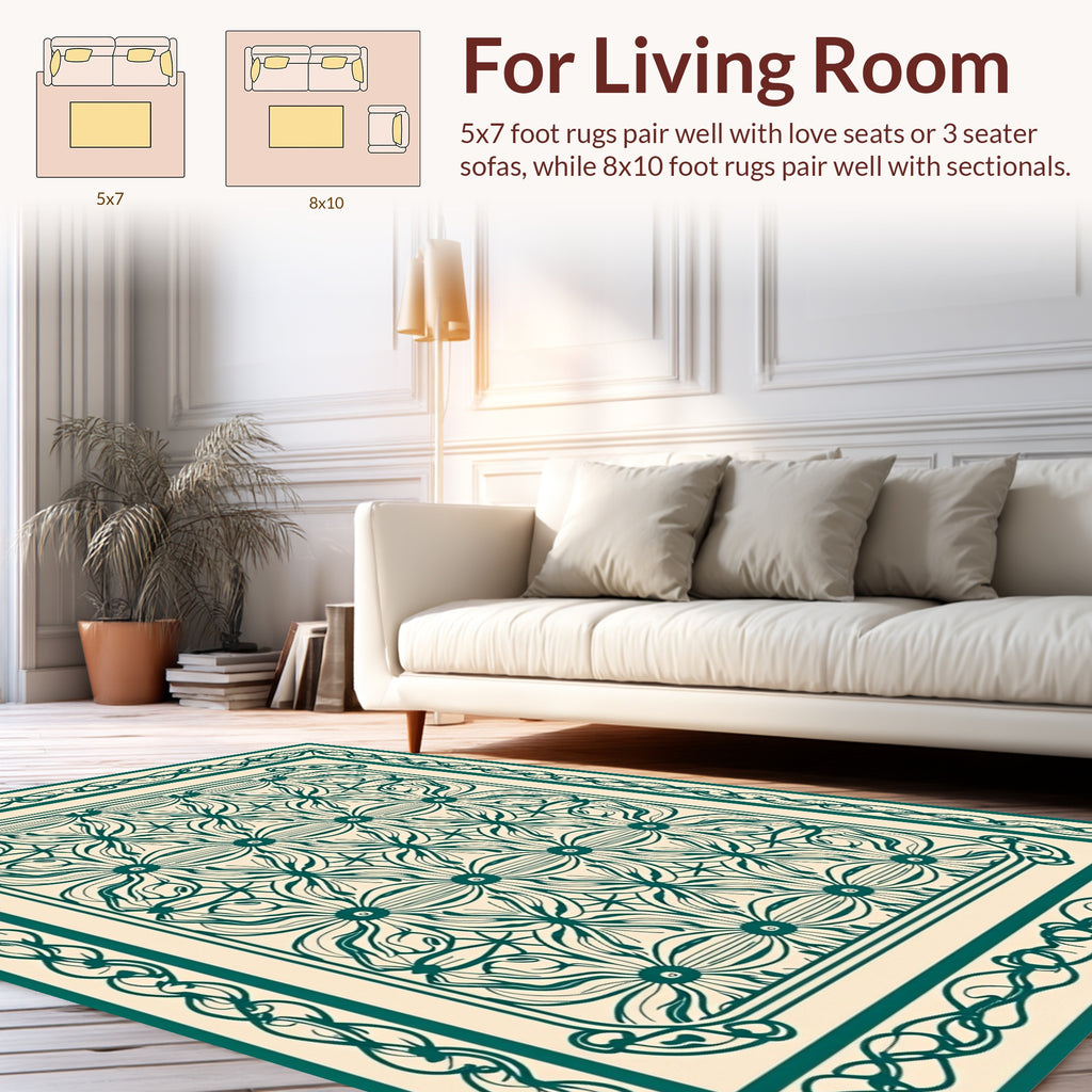 Elegant Teal Floral Pattern Rug