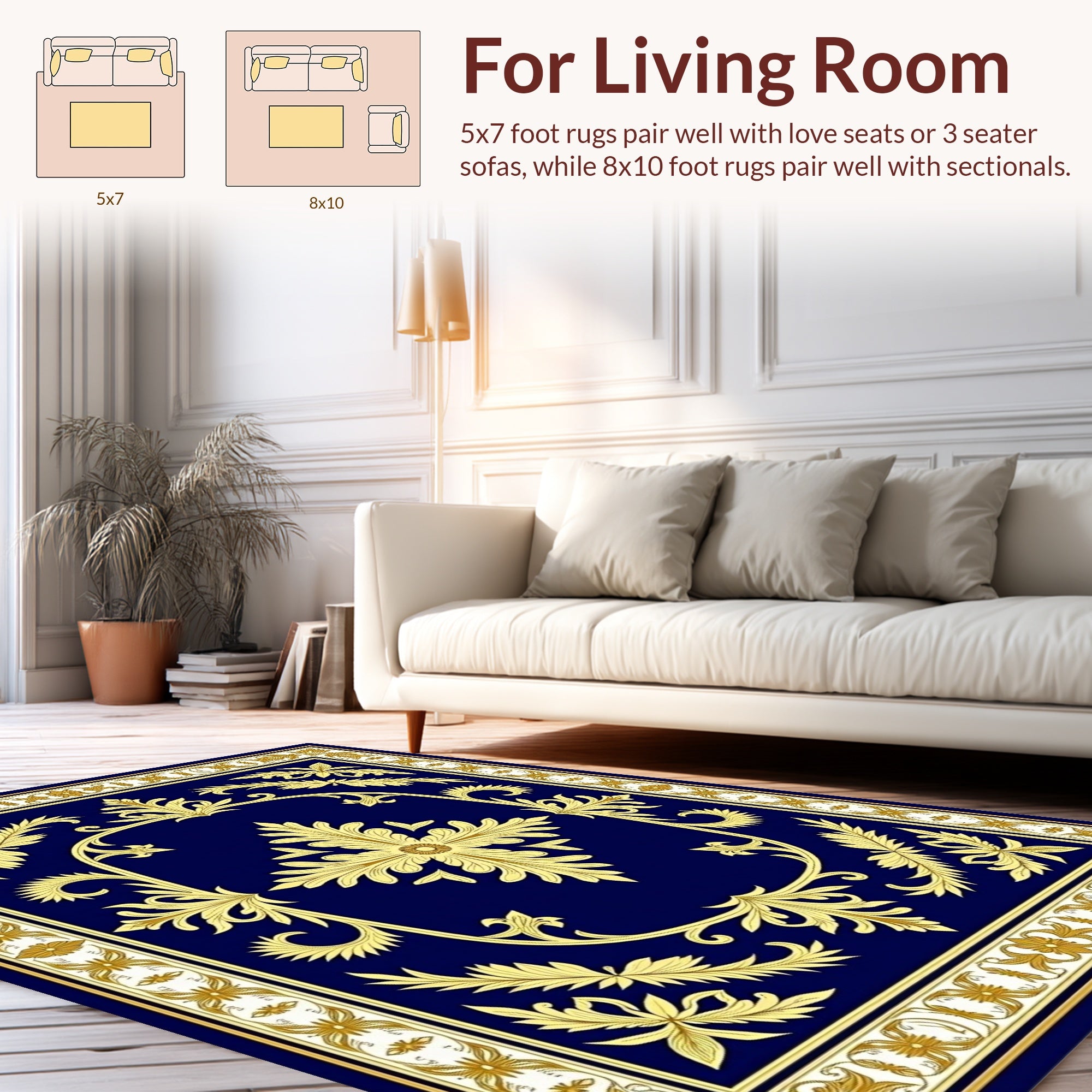 Regal Blue Gold Floral Scroll Rug