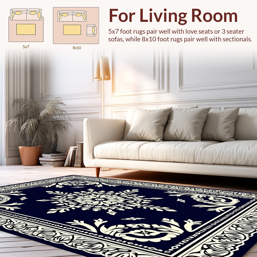 Antique Navy Cream Floral Medallion Pattern Rug