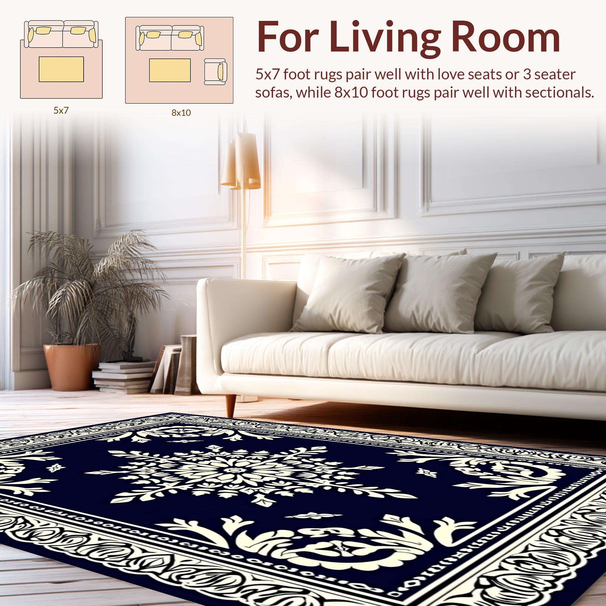 Antique Navy Cream Floral Medallion Pattern Rug