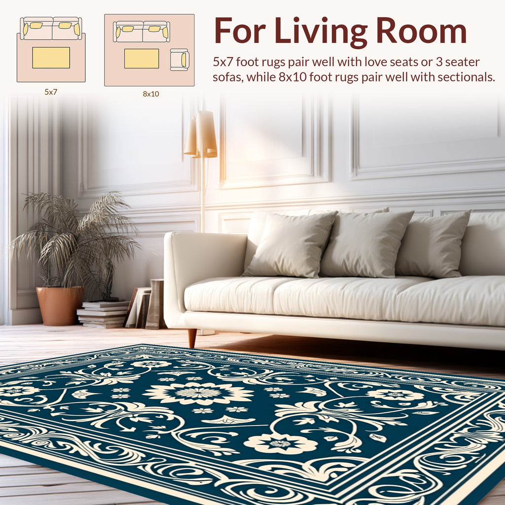 Classic Floral Scrollwork Teal Area Rug