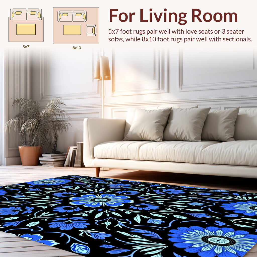 Floral Symmetry On Black Background Rug