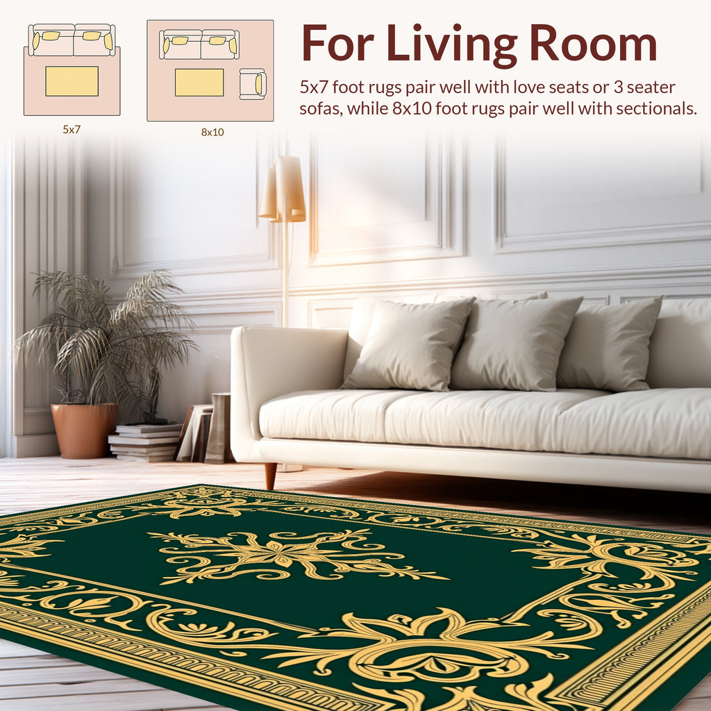 Gold Floral Scrollwork Emerald Rug