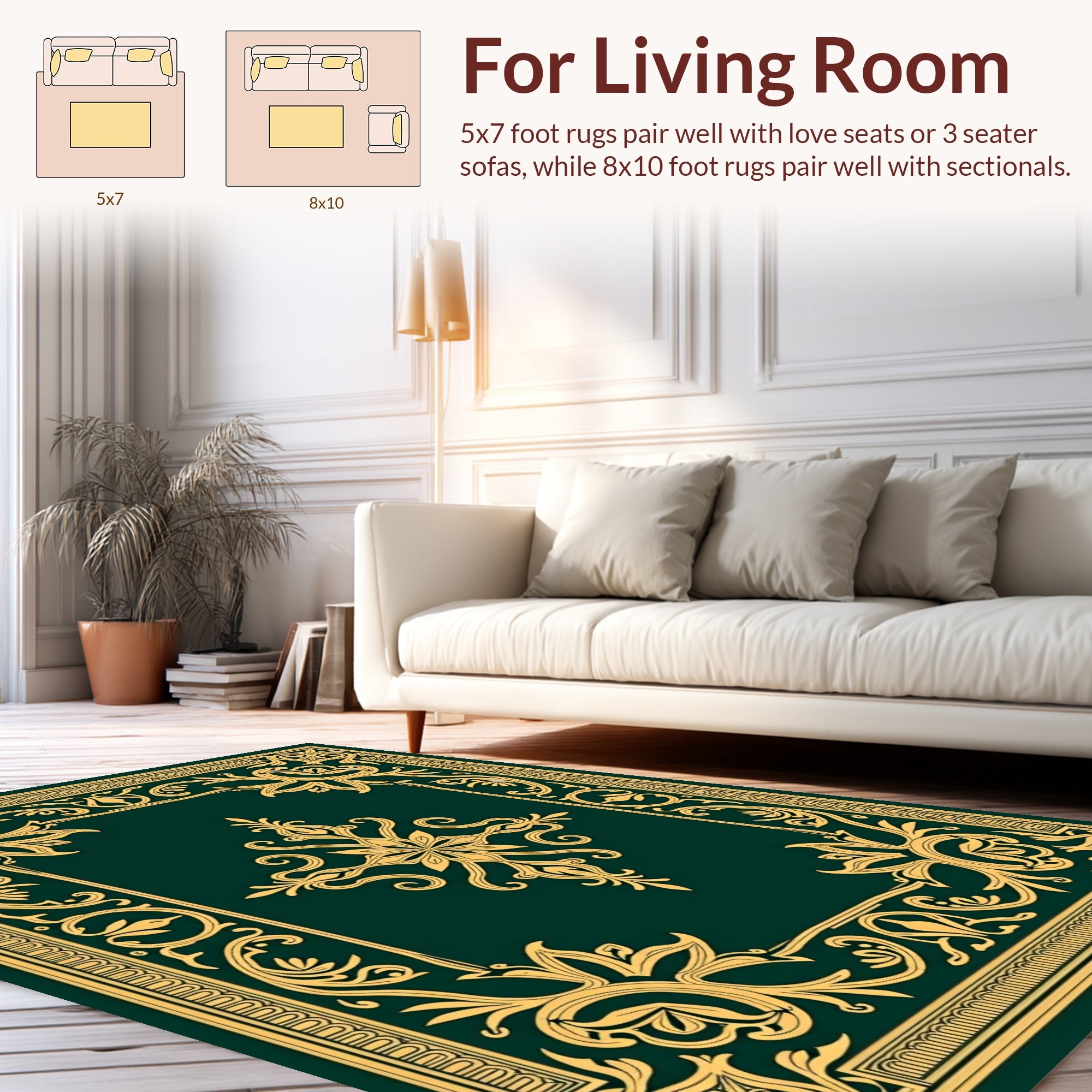 Gold Floral Scrollwork Emerald Rug
