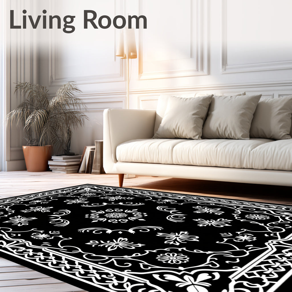 Elegant Black and White Floral Medallion Design Rug