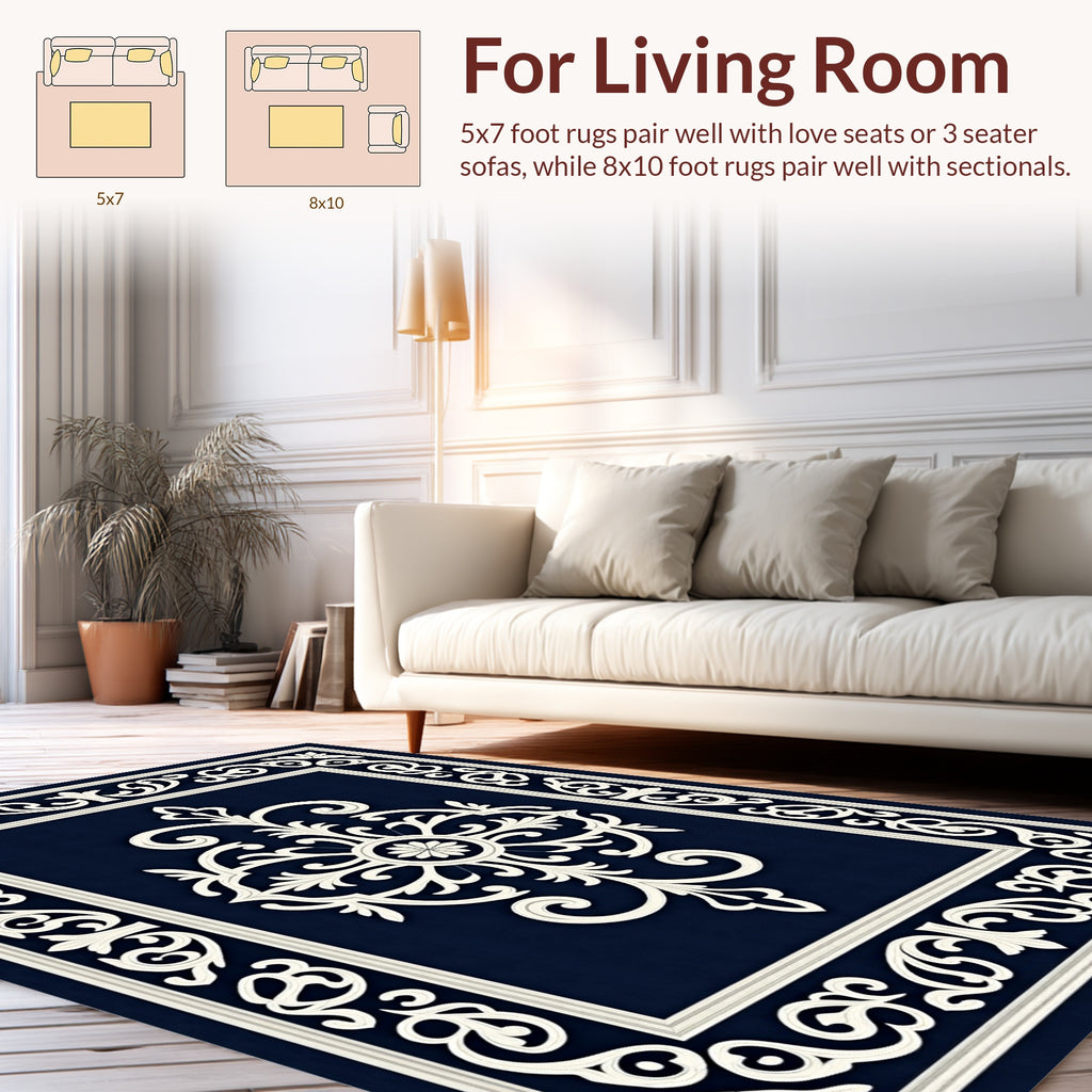 Elegant Ivory Scrollwork Motif Rug