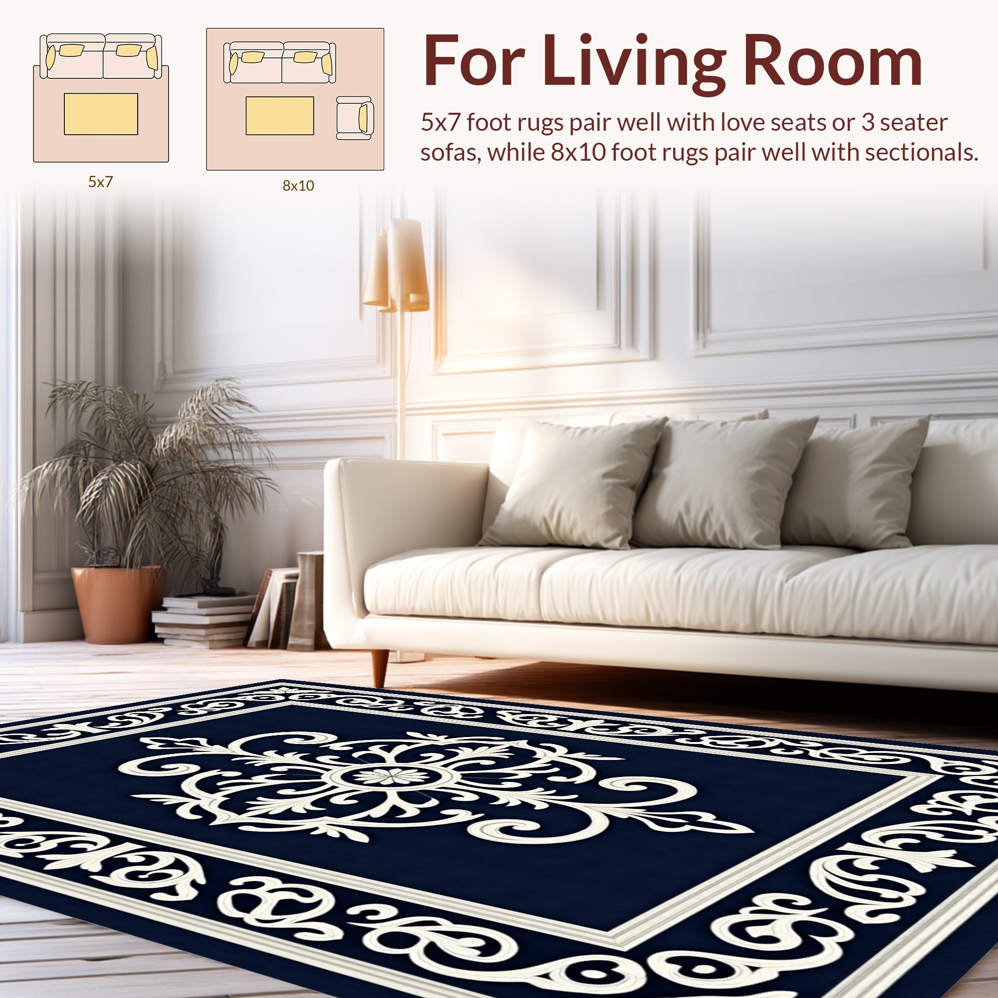Elegant Ivory Scrollwork Motif Rug