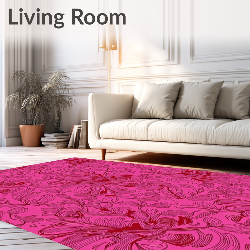 Whimsical Pink Red Floral Pattern Rug
