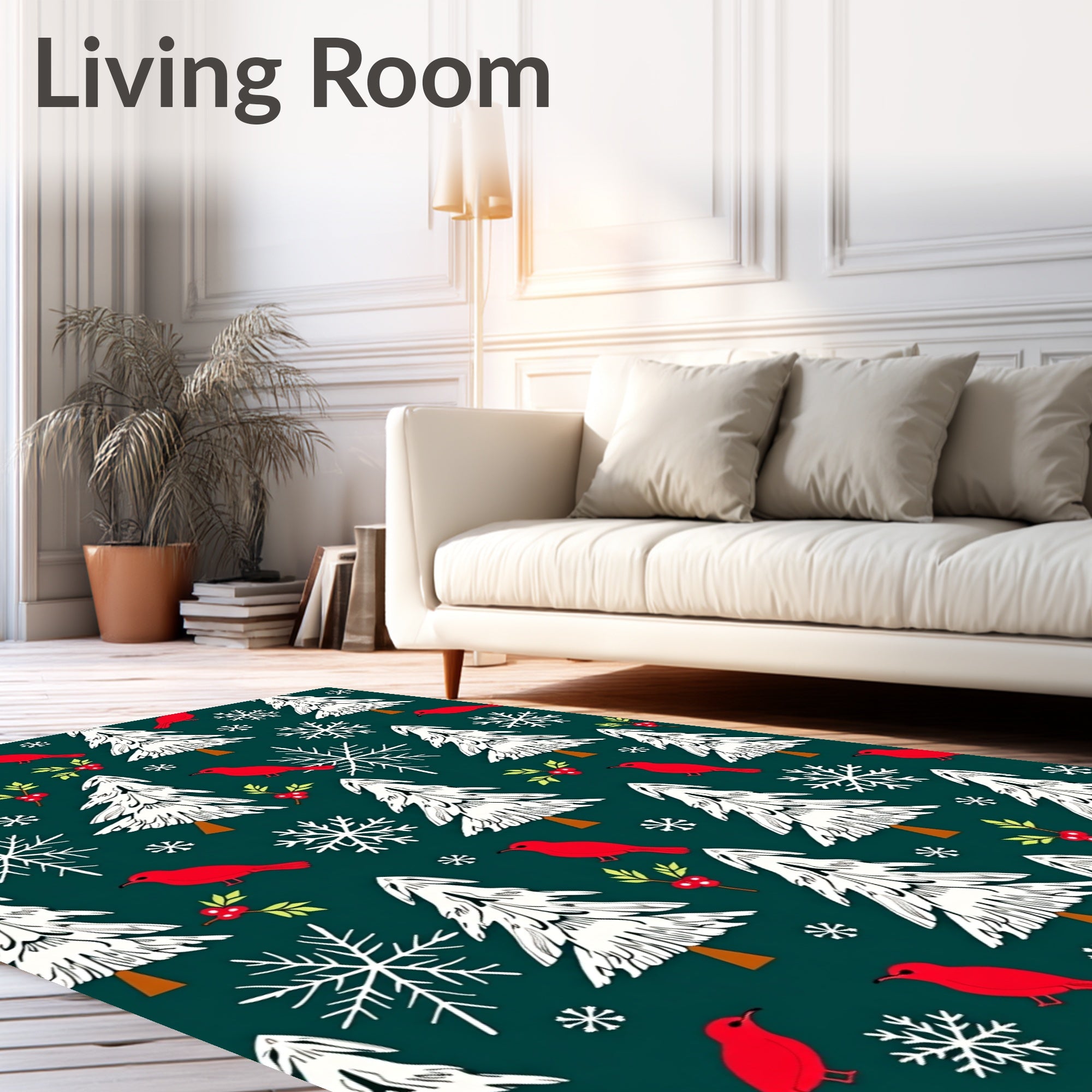 Festive Red Birds White Trees Snowflakes Rug