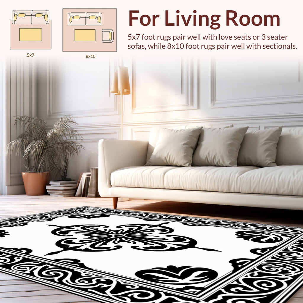Classic Black White Ornamental Scroll Rug
