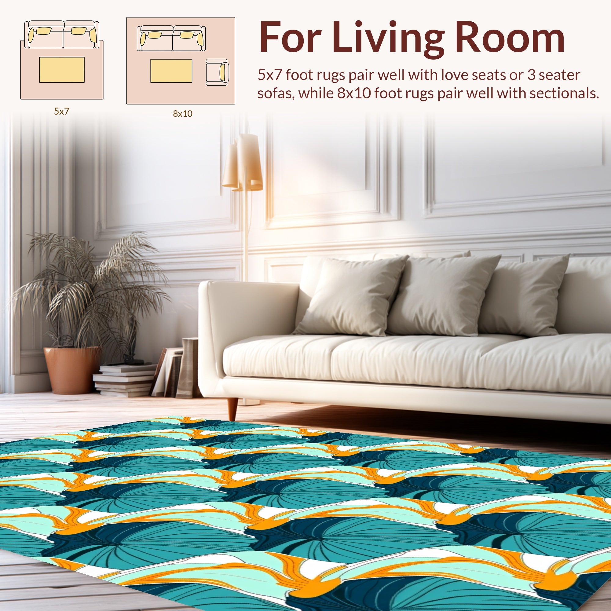 Bold Teal Orange Leaf Pattern Rug