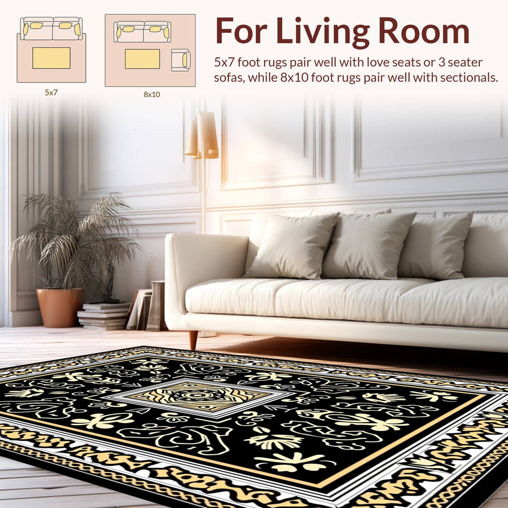 Ornate Black Gold Floral Design Rug