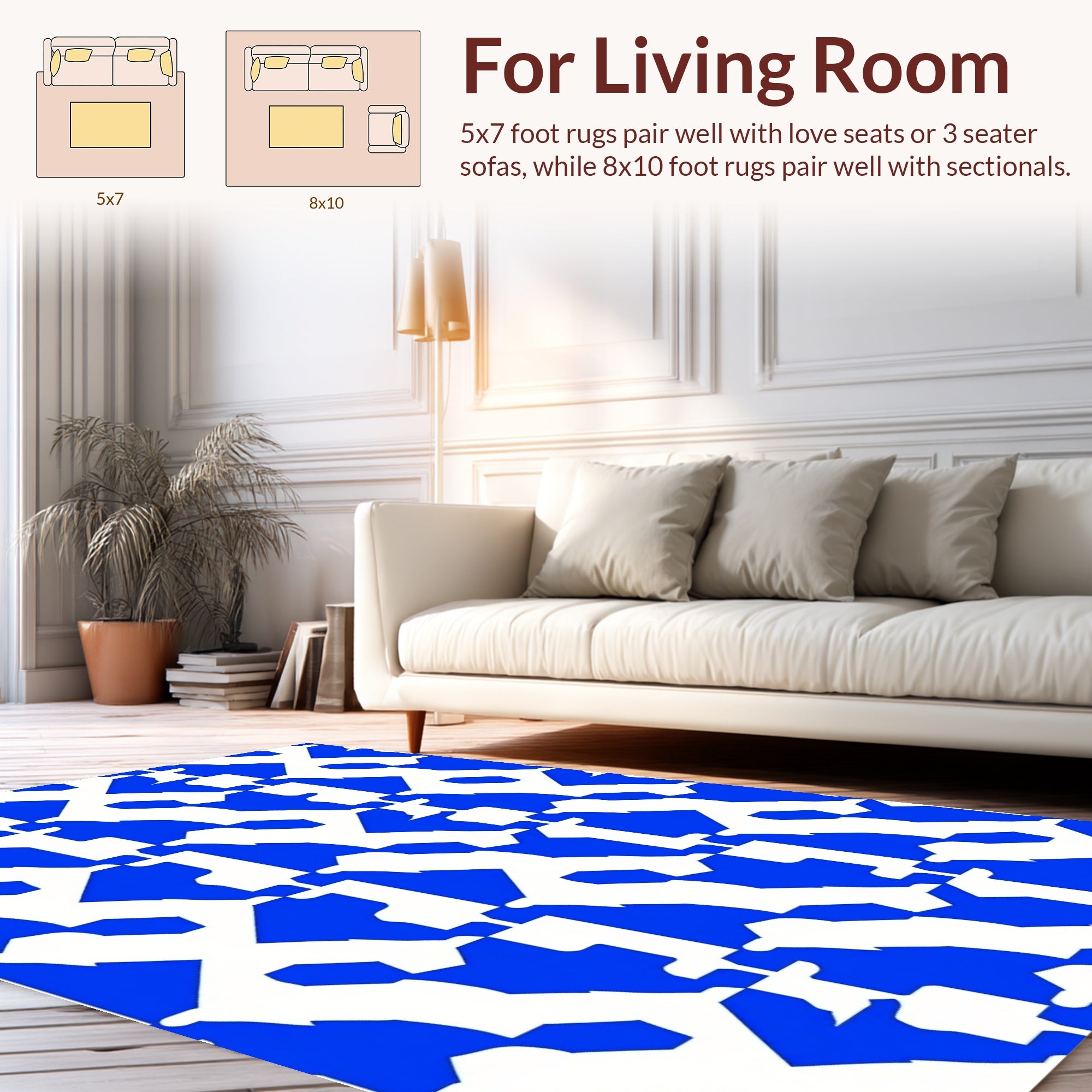 Bold Blue White Interlocking Geometric Pattern Rug