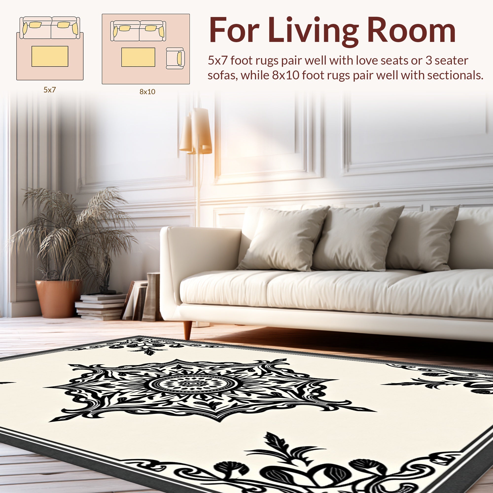 Classic Black White Medallion Pattern Rug