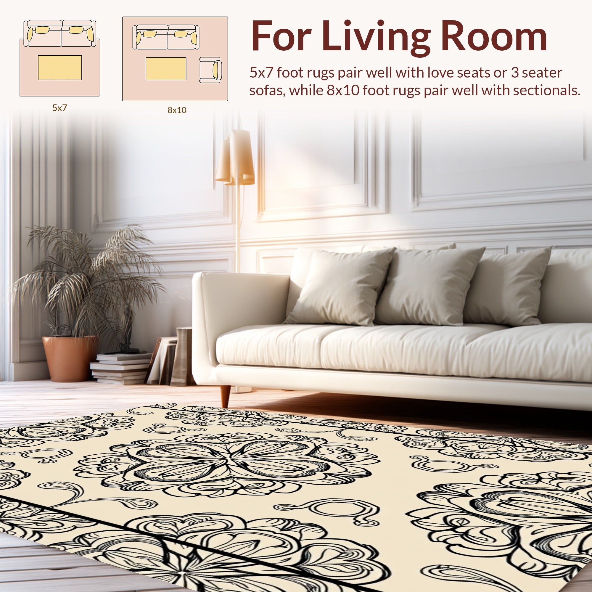 Classic Floral Mandala Black and Tan Design Rug