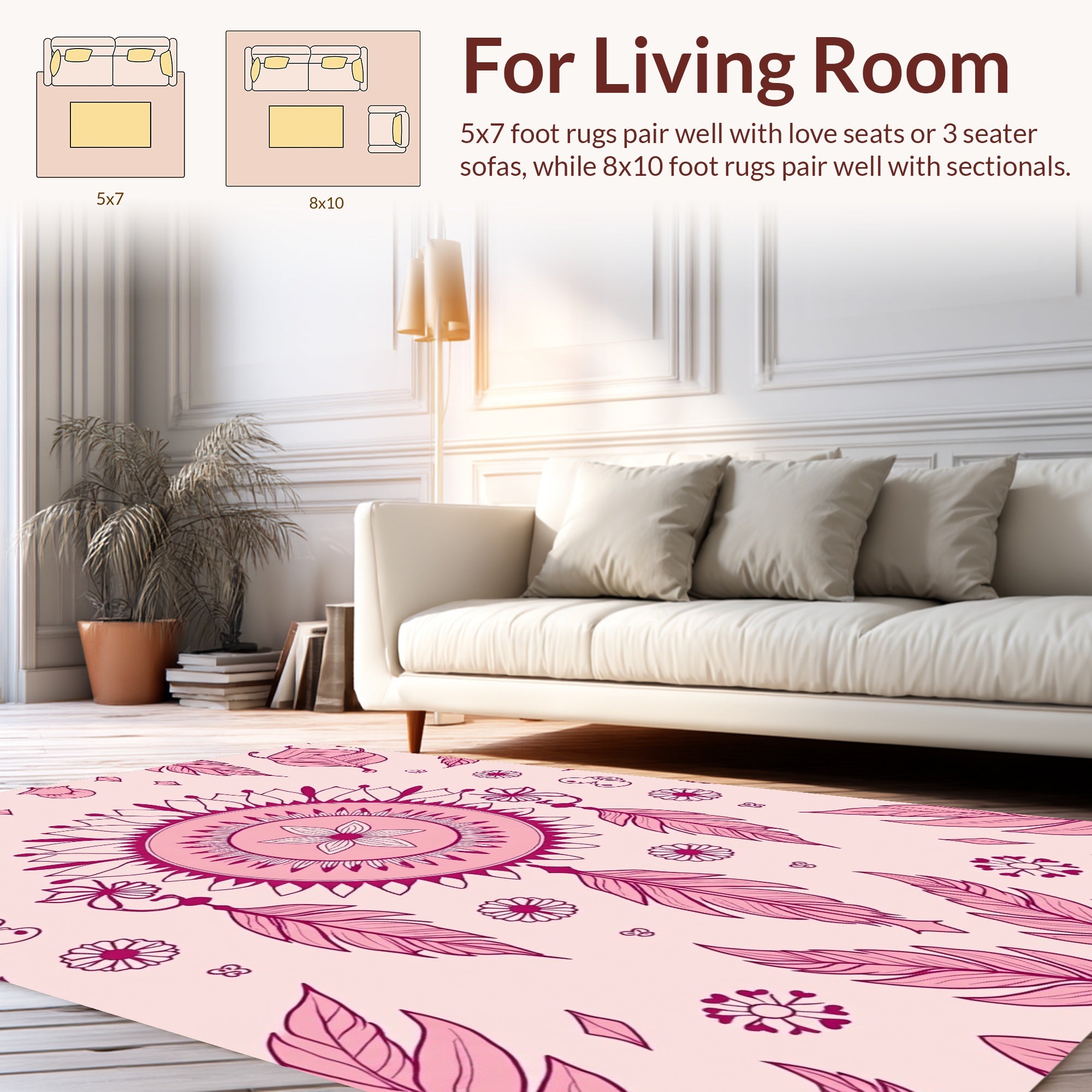 Feminine Pink Feather Mandala Pattern Rug