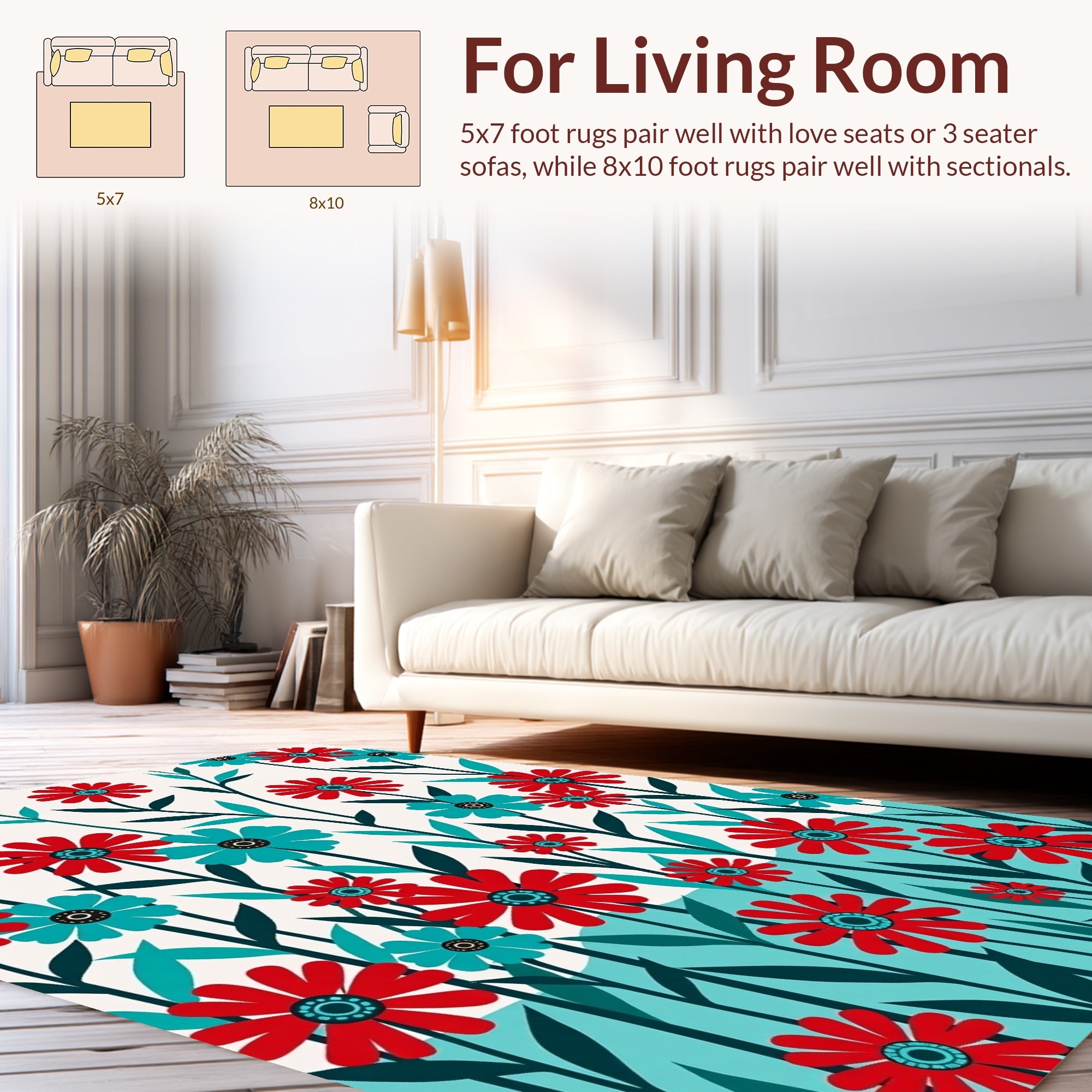 Bold Floral Pattern with Red Teal Blooms Rug