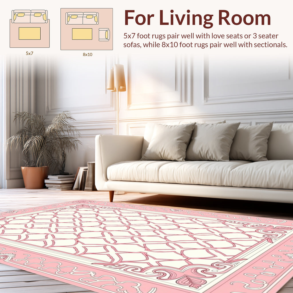 Pink White Ornate Lattice Design Rug