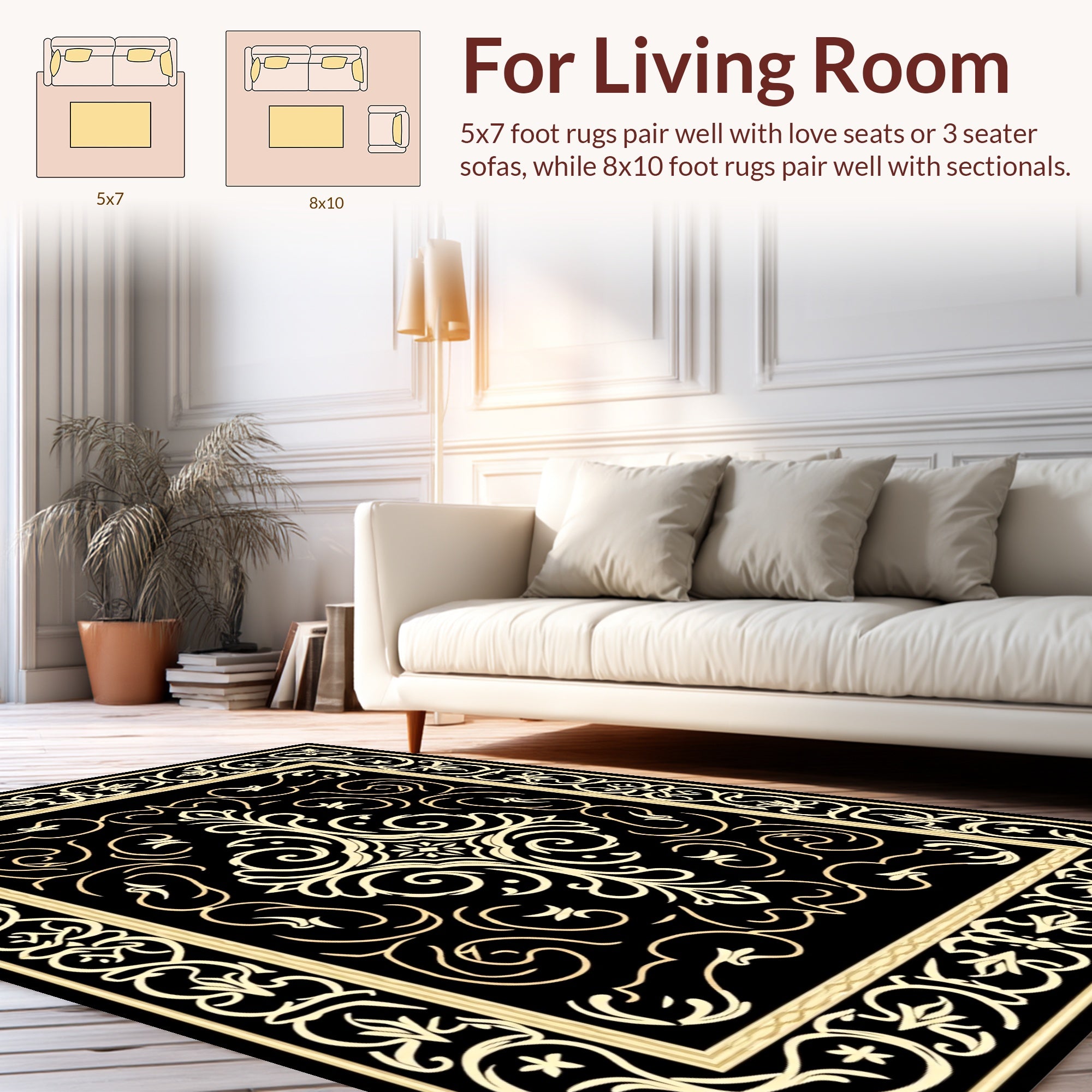 Elegant Black Gold Floral Scroll Rug
