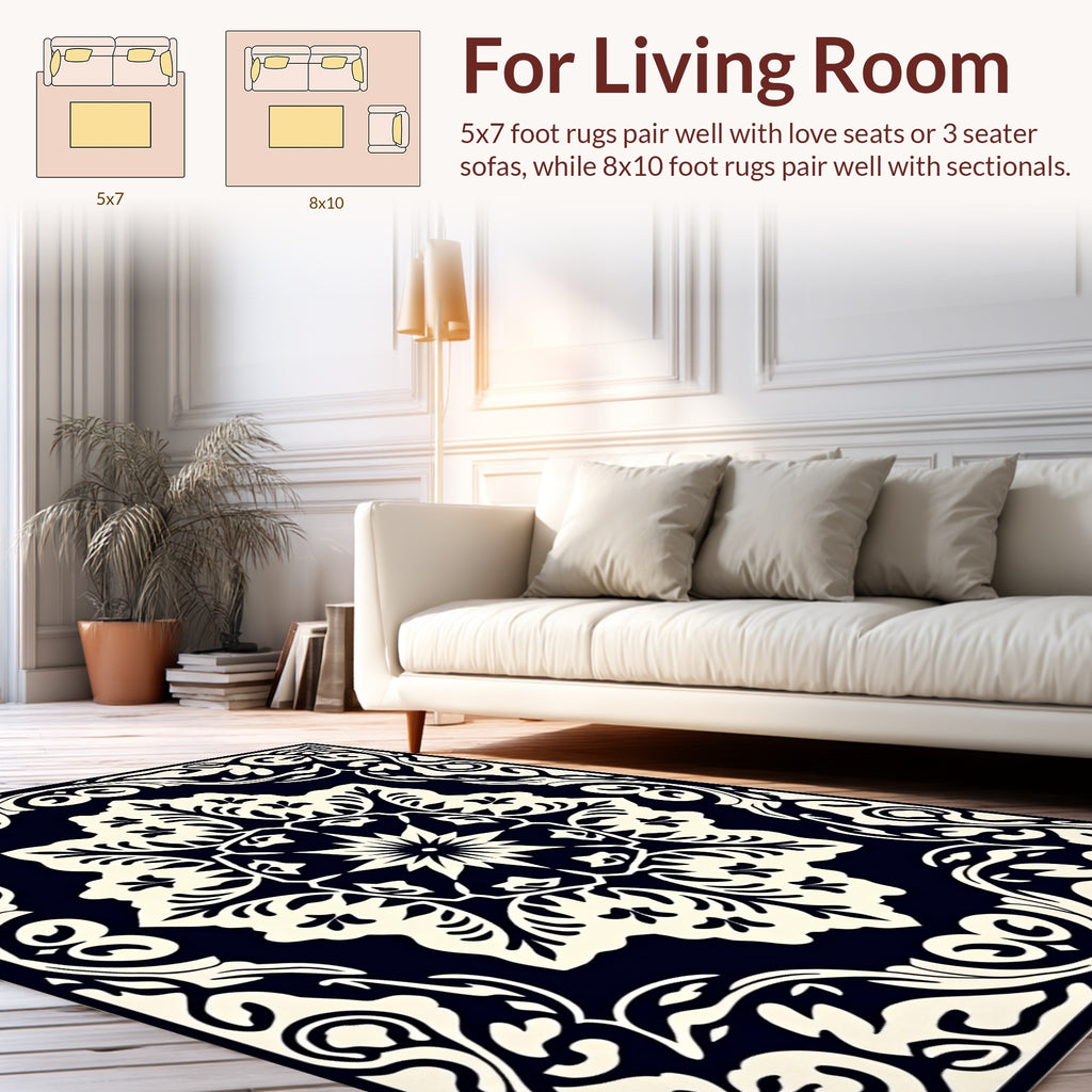 Classic Black White Floral Medallion Design Rug