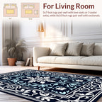 Dark Blue White Floral Scroll Pattern Rug