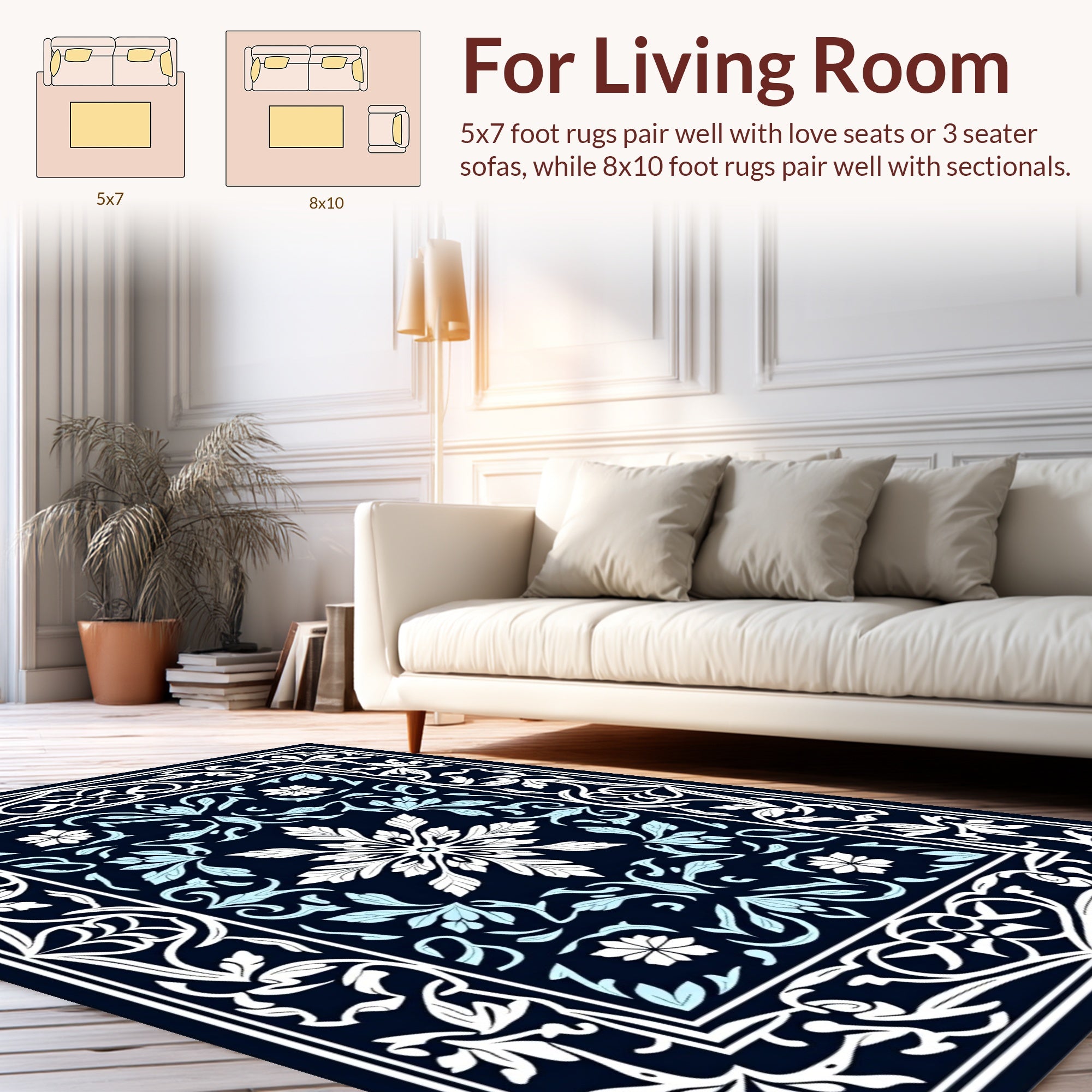 Dark Blue White Floral Scroll Pattern Rug