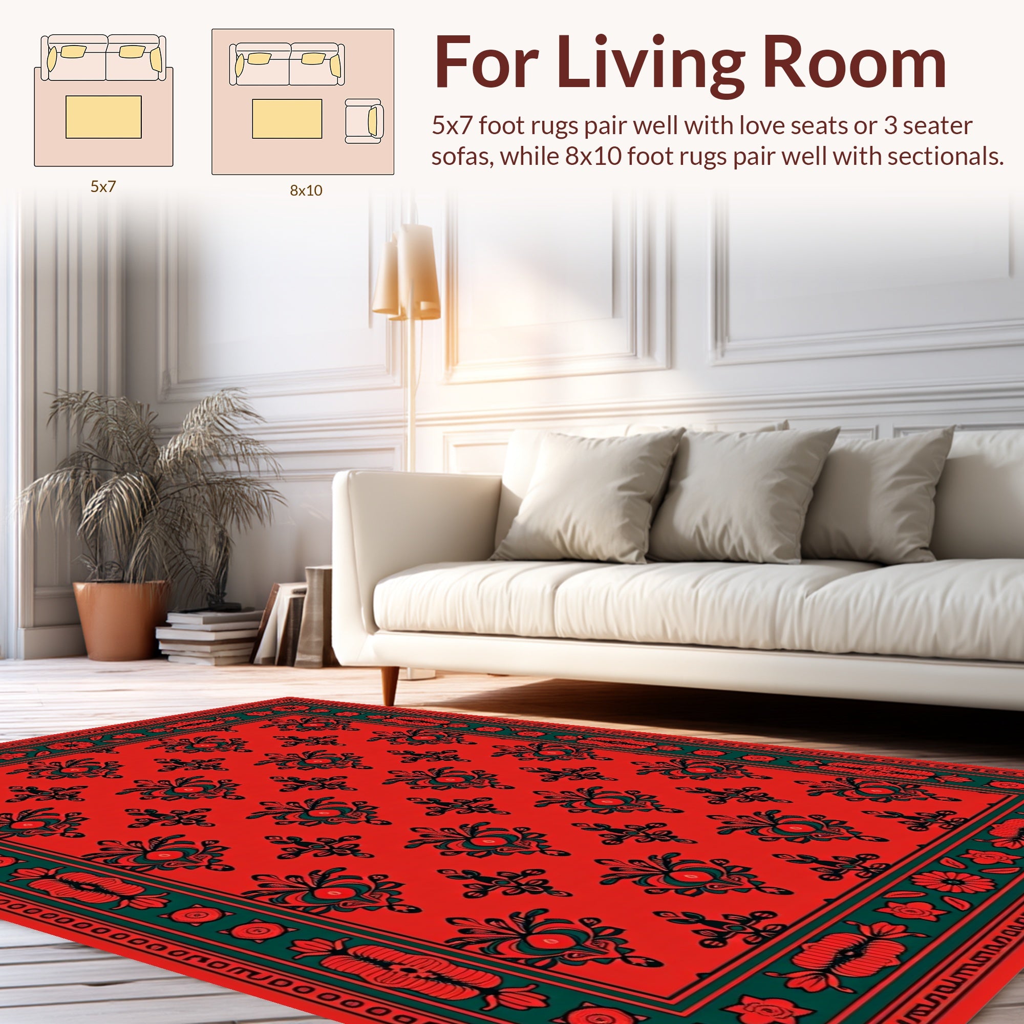 Vibrant Red Floral Damask Design Rug