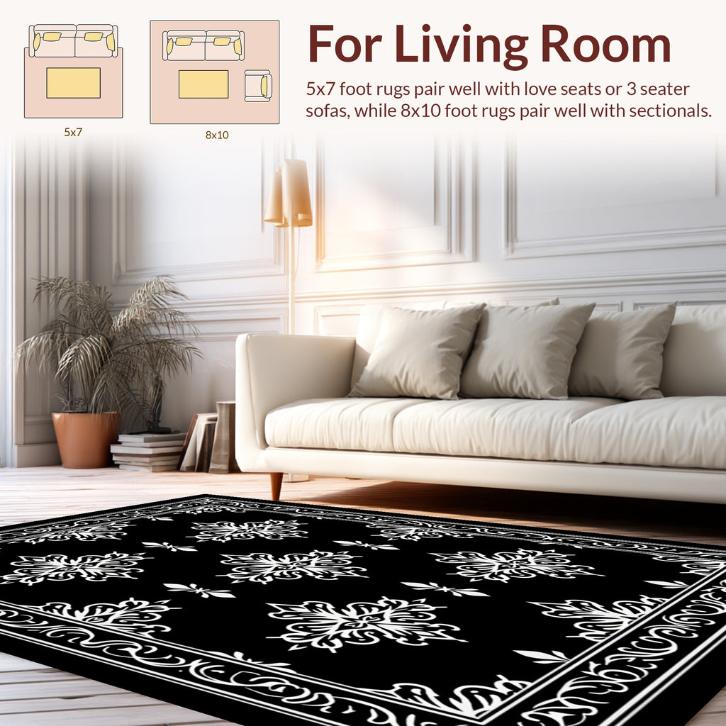 Elegant Black White Scrollwork Pattern Rug