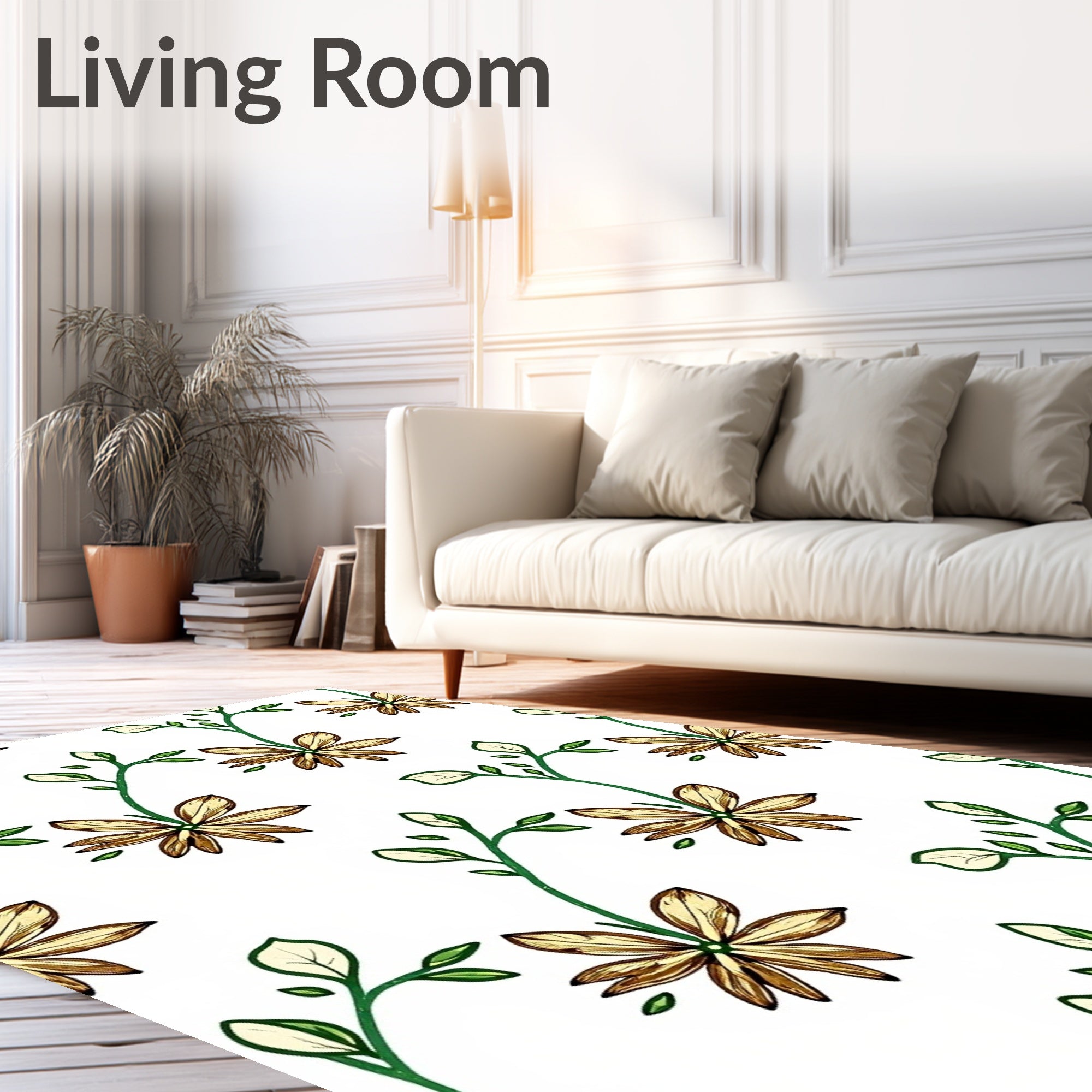 Golden Floral Vine with Green Leaves Rug