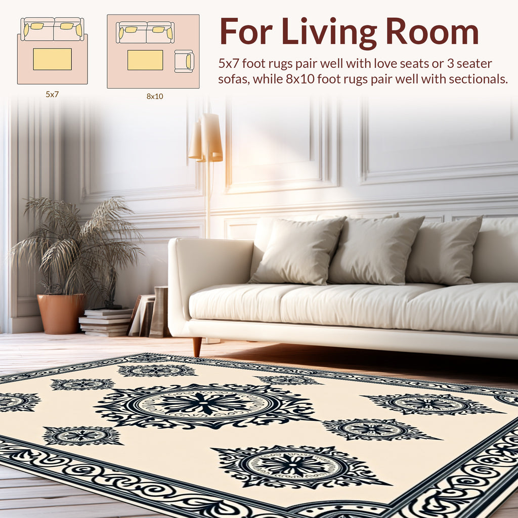 Ornate Black Cream Medallion Pattern Rug