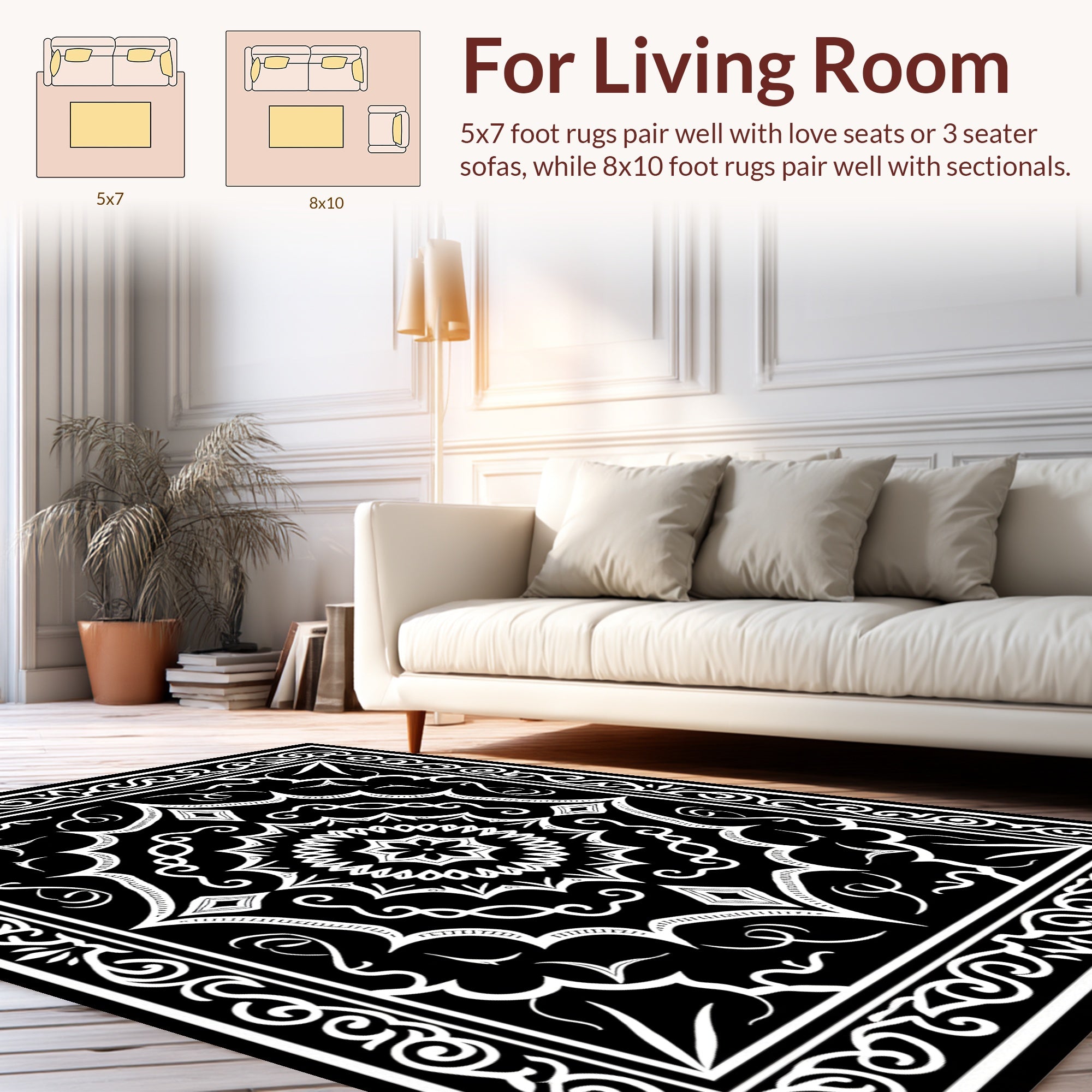 Intricate White Mandala Patterned Black Rug