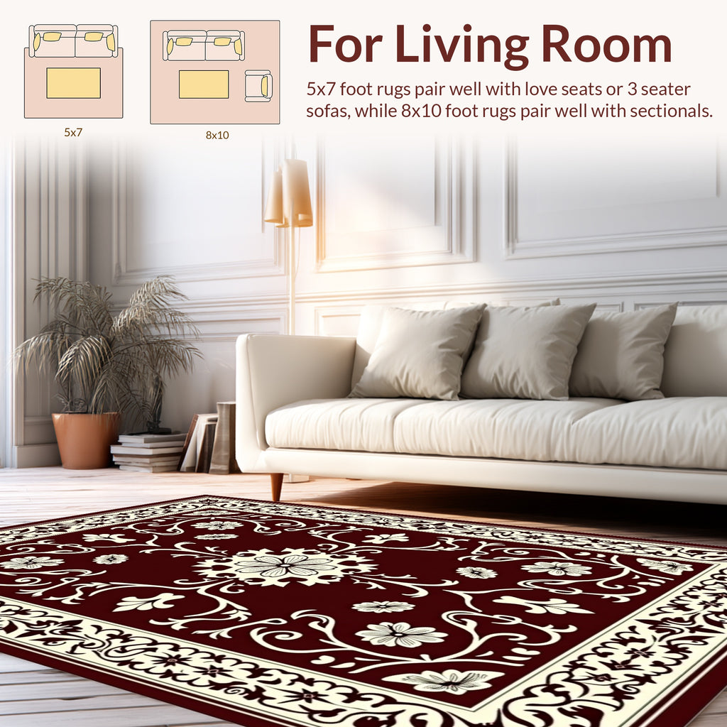 Red Floral Scrollwork Traditional Design Rug