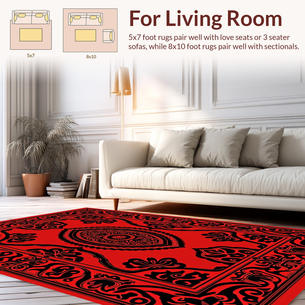 Bold Red Black Floral Paisley Design Rug